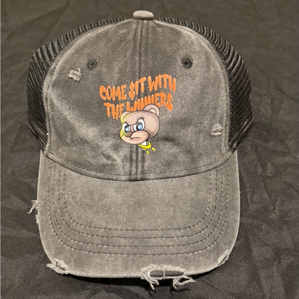 Black distressed Cap with a stylish bear with orange logo design.